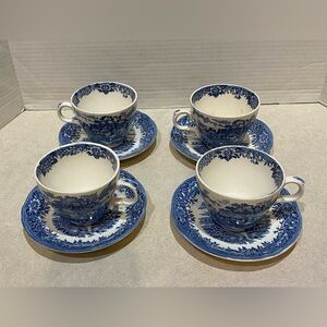 English Village Blue Salem Olde Staffordshire England Cup and Saucer Set Of 4